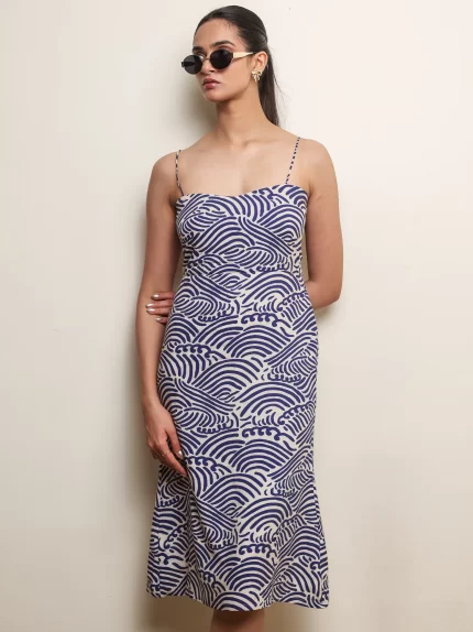 Indigo Wave Print Midi Dress