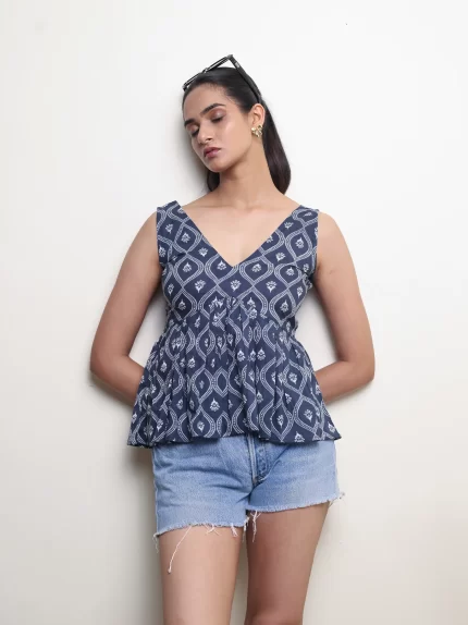 Deep Indigo Grey Block Print Sleeveless Top